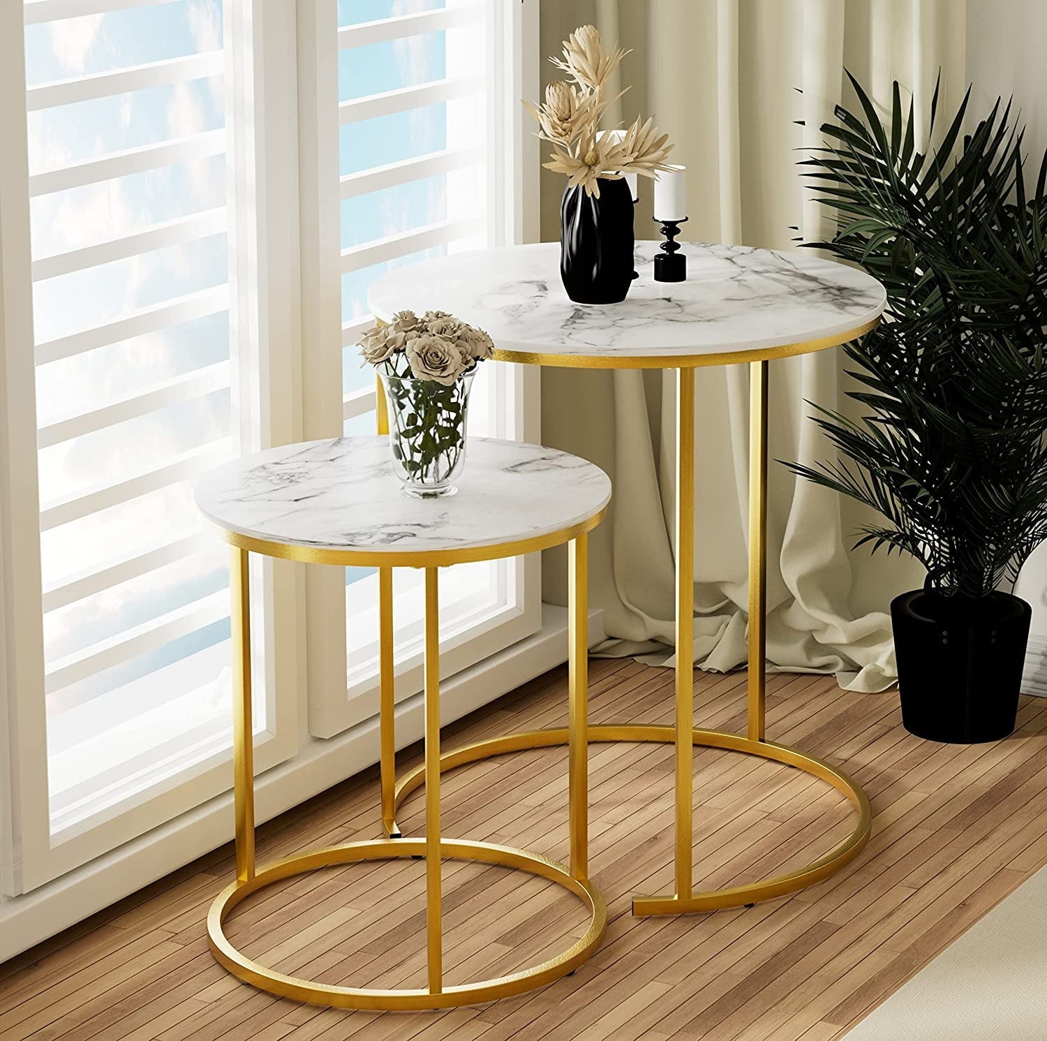 aboxoo Coffee Table Nesting White Set of 2 Side Set Golden Frame Circular and Marble Pattern Wooden Tables, Living Room Bedroom Apartment Modern Industrial Simple Nightstand