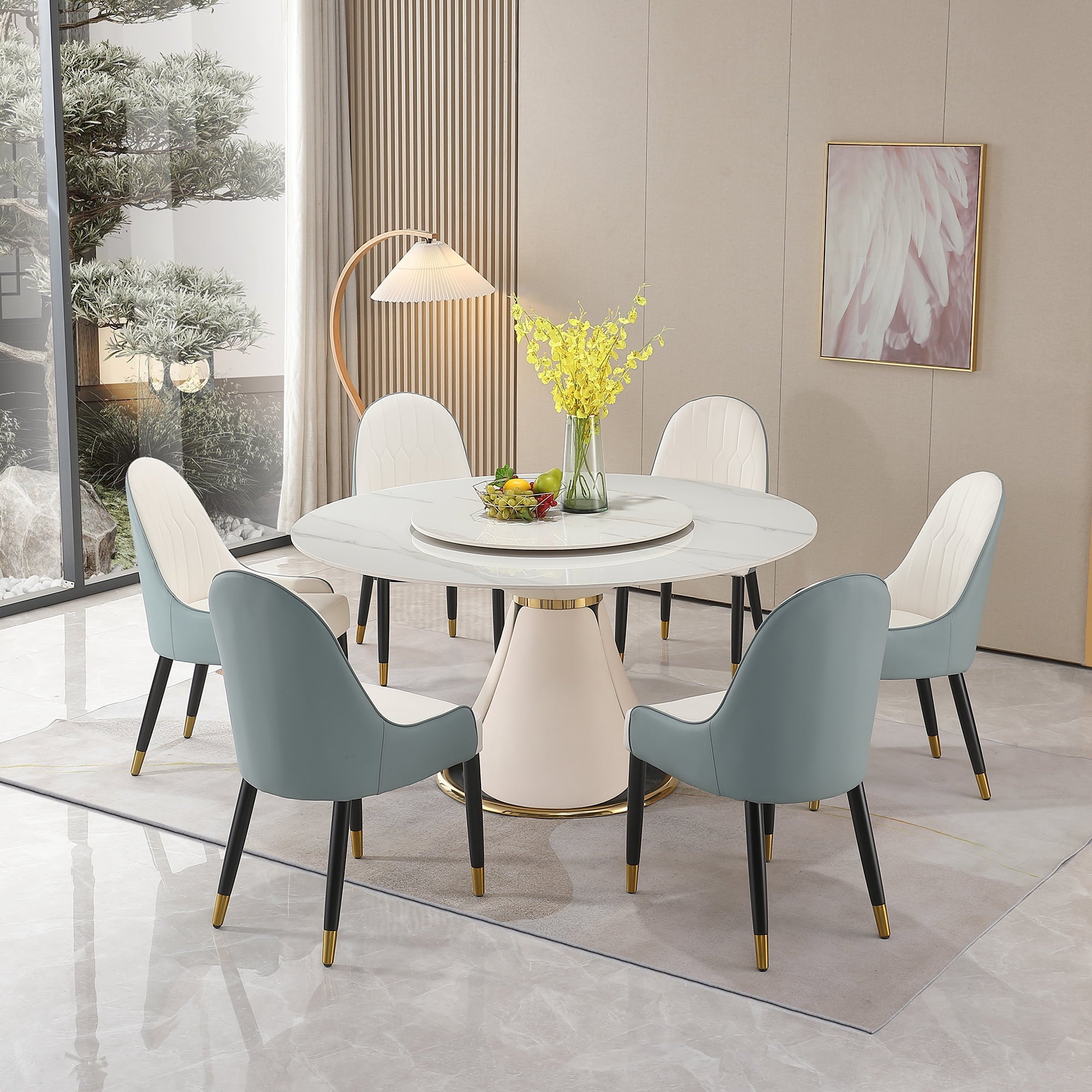 59” Leavader Sintered Stone Round Kitchen Dining Table Set with 31.5” Round Turntable for 6 People with Stainless Steel Base with 6 Chairs