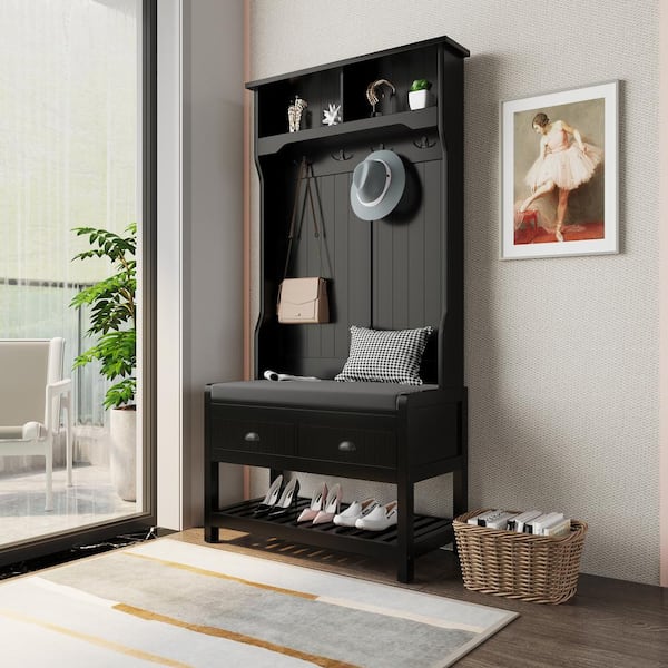 Hall Tree with 4 Hooks and Hinged Lid, Coat Hanger, Entryway Bench, Storage Bench, 3-in-1 Design, 69INCH(Black)