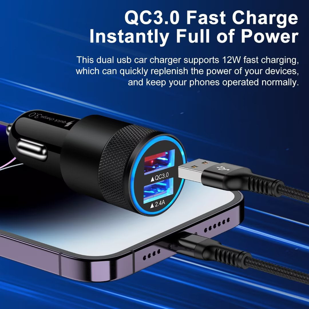 iPhone Car Charger,AILKIN USB Car Charger,Dual USB Lightning Car Charger Adapter Car Socket Cigarette Lighter QC3.0/2.4A iPhone Car Charger with 2PCS Lightning Cable 6ft（Black)