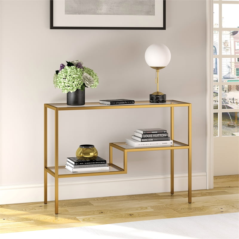 Pemberly Row Traditional Two Tier Metal Console Table in Gold and Brass Finish