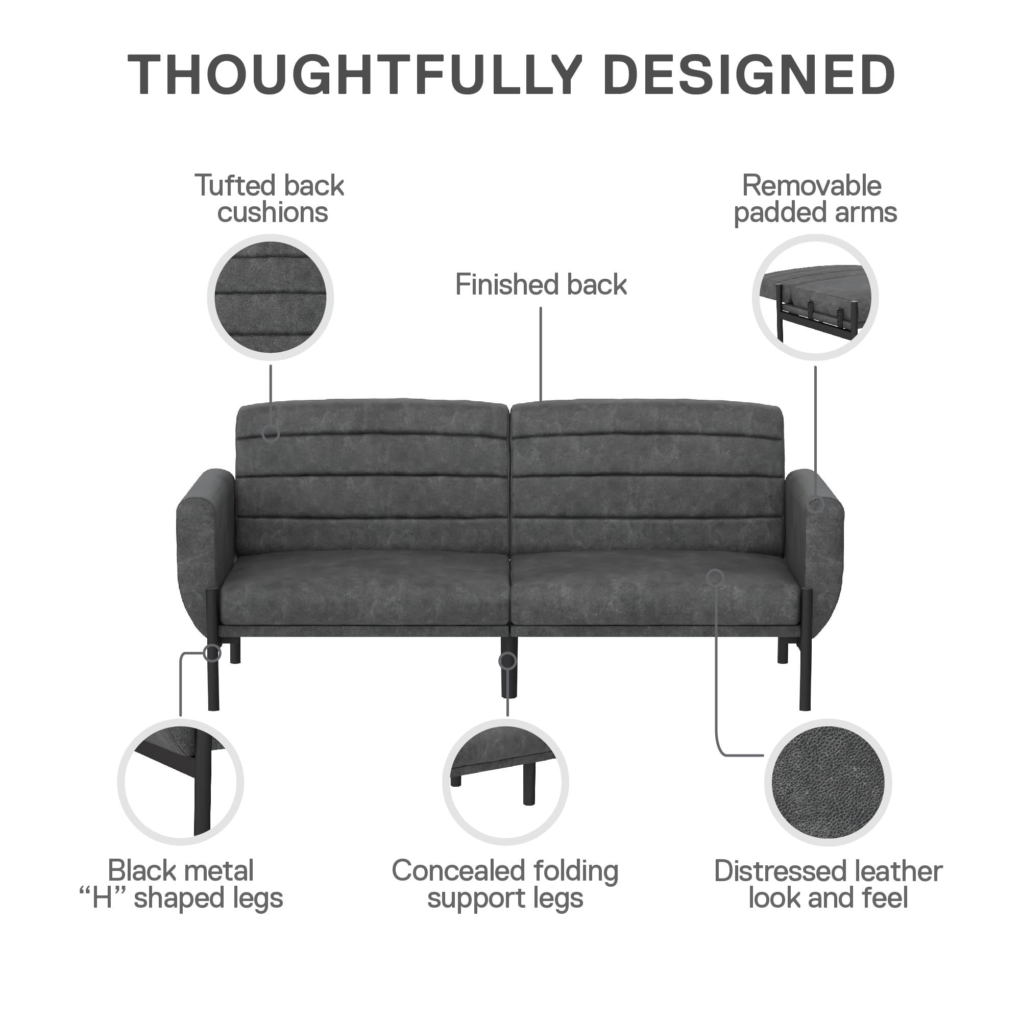 DHP Sadie Futon Sofa Bed and Couch Sleeper, Distressed Charcoal Black Faux Leather