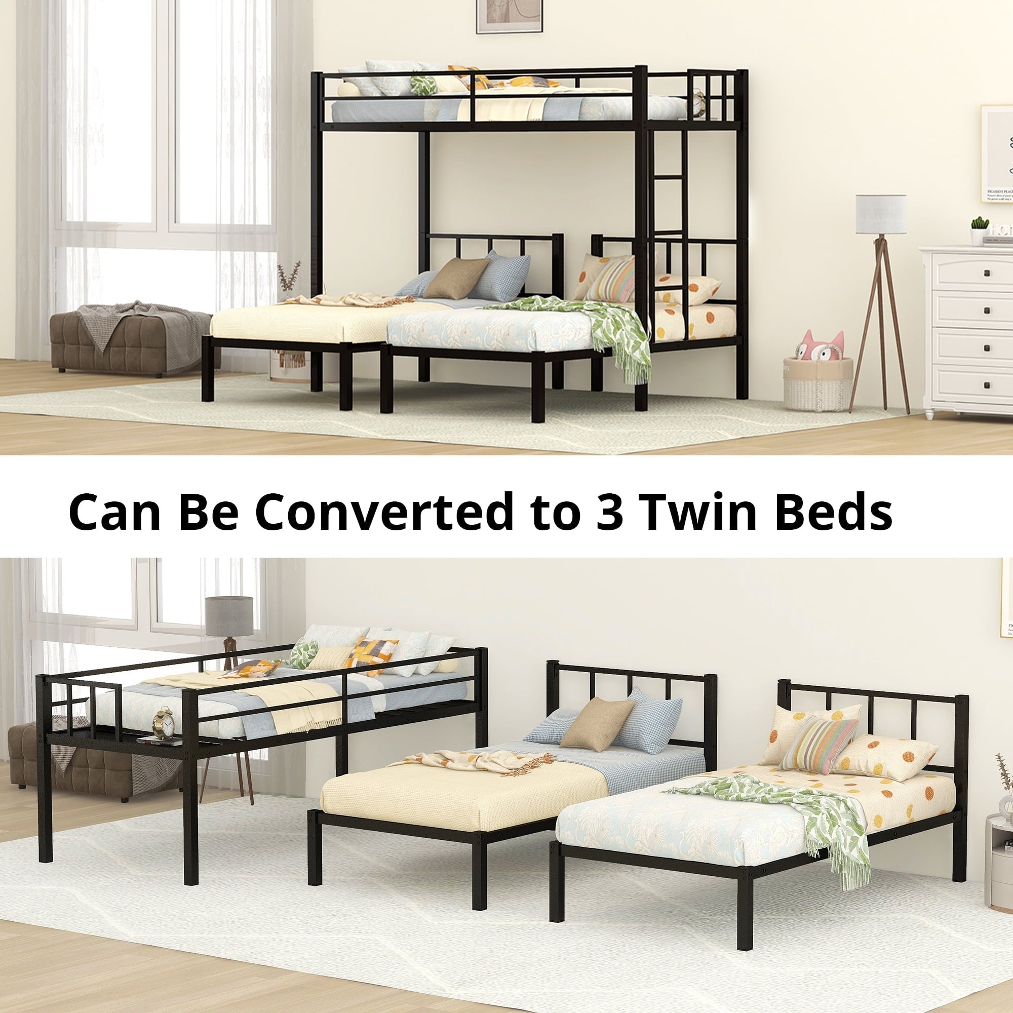 Triple Bunk Bed for 3, Twin over Twin & Twin Bunk Bed with Ladder and Shelf, Can be divided into 3 Beds, Metal Bunk Bed Frame with Safety Rail & Slats Support, No Box Spring Needed, Black