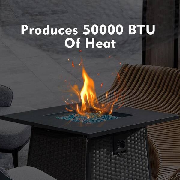 Dark Gray Square Metal 32 in. Propane Fire Pit Table with Blue Glass Ball and ETL-Certified