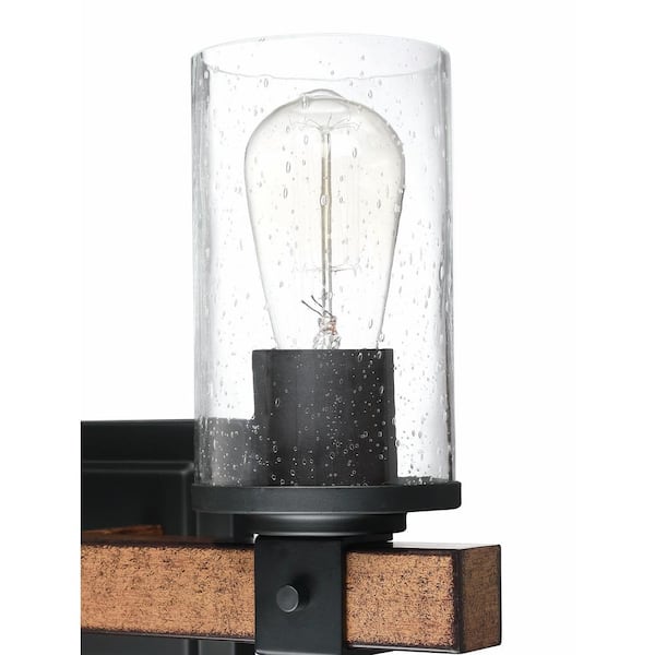 22 in. 3 Light Barn Wood and Matte Black Vanity Light with Clear Seeded Glass