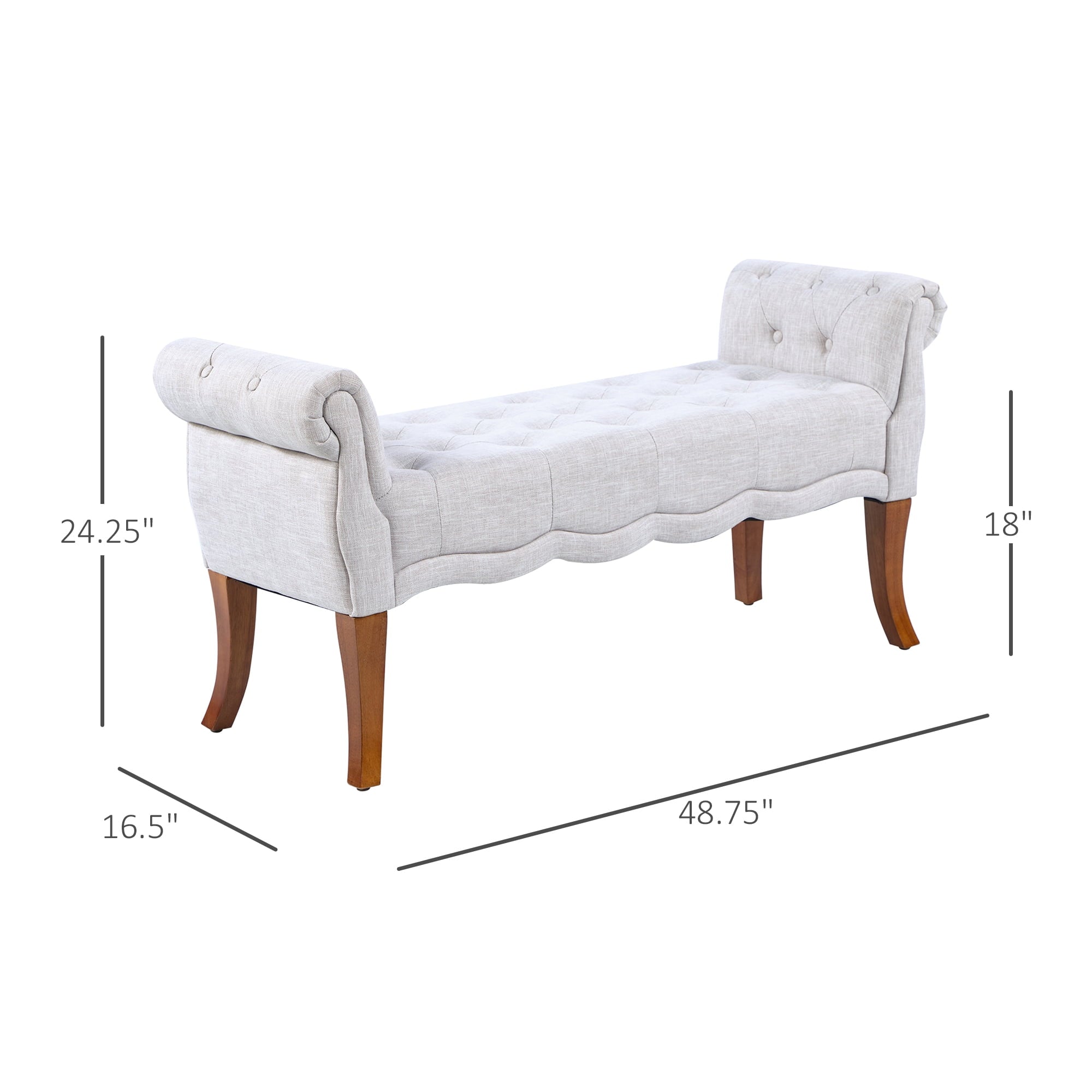 HOMCOM Traditional Style End of Bed Bench, Upholstered Entryway Bench with Button Tufted and Rounded Arm, Light Gray