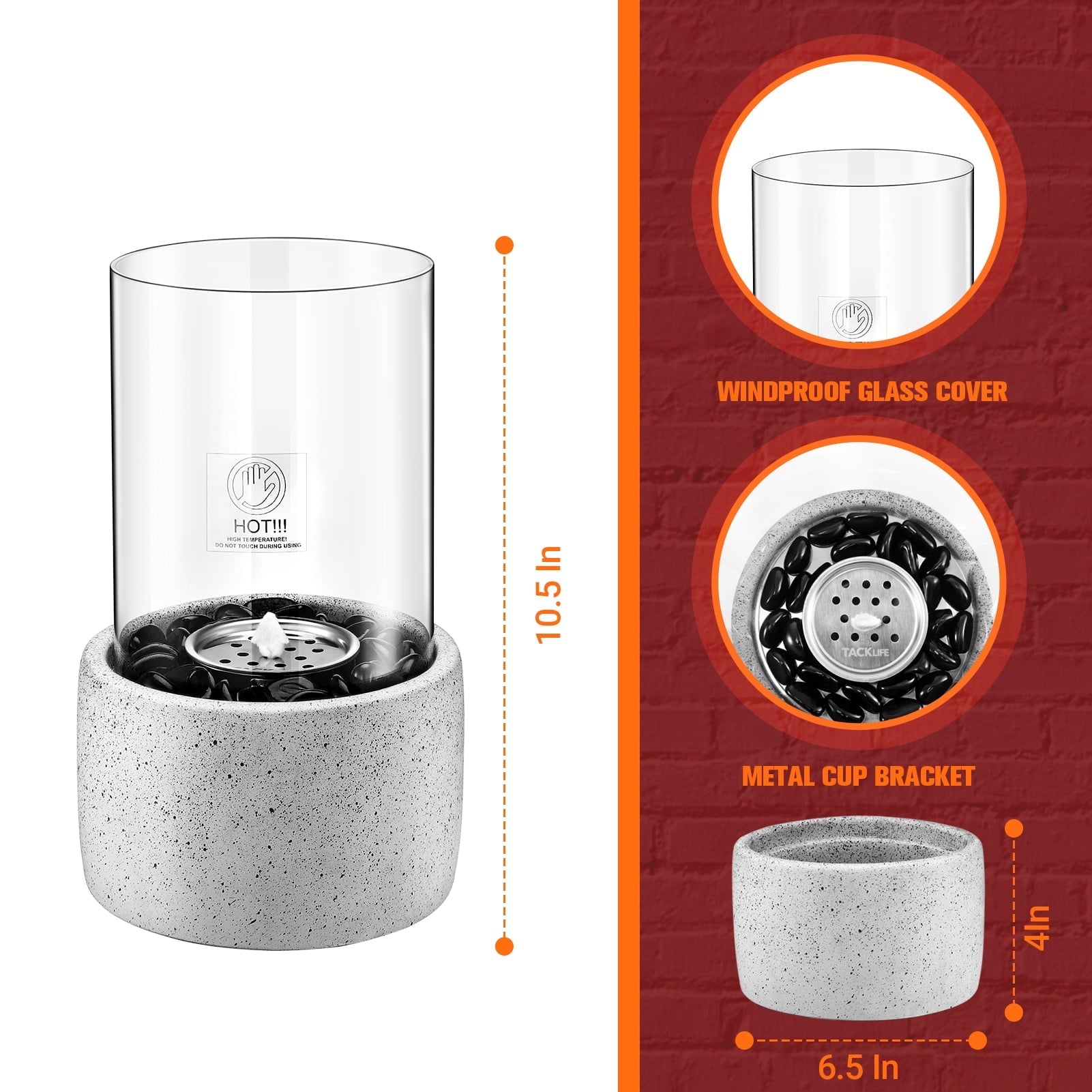 TACKLIFE Tabletop Fire Pit, Tabletop Fireplace with Glass Stone, Concrete Material and Windproof Glass Cover - FP1