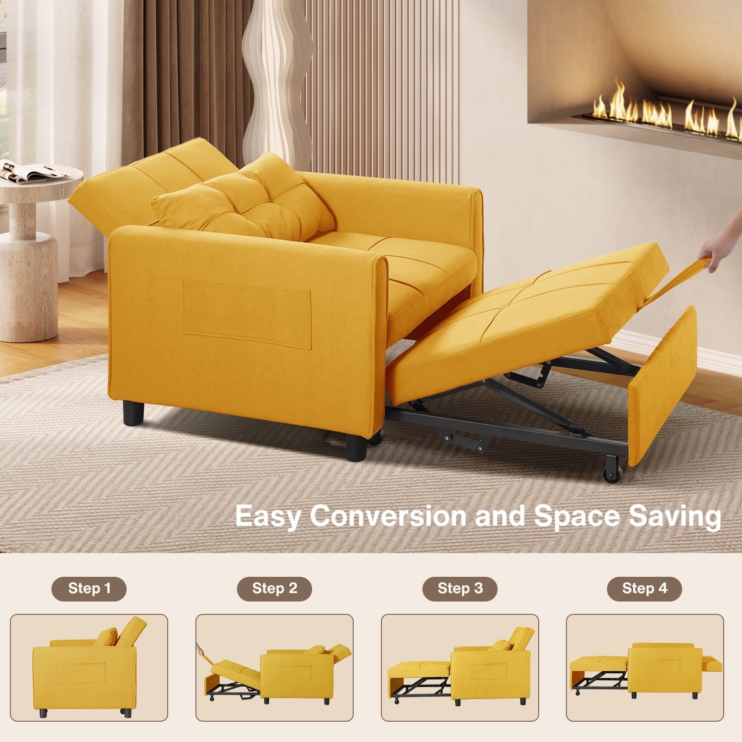 Chair Bed, Lofka Single Recliner Convertible Sofa Bed, 400lbs, Yellow