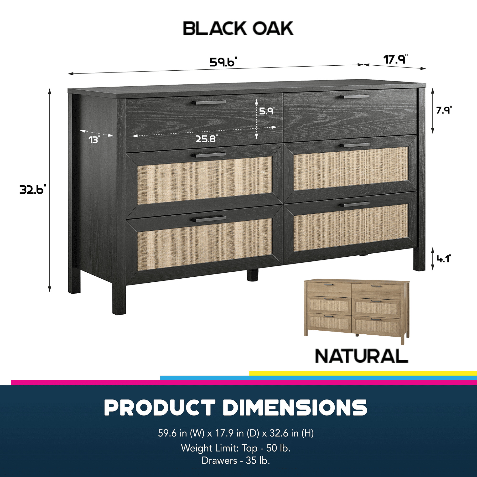 Queer Eye Wimberly 6 Drawer Dresser, Natural with Faux Rattan