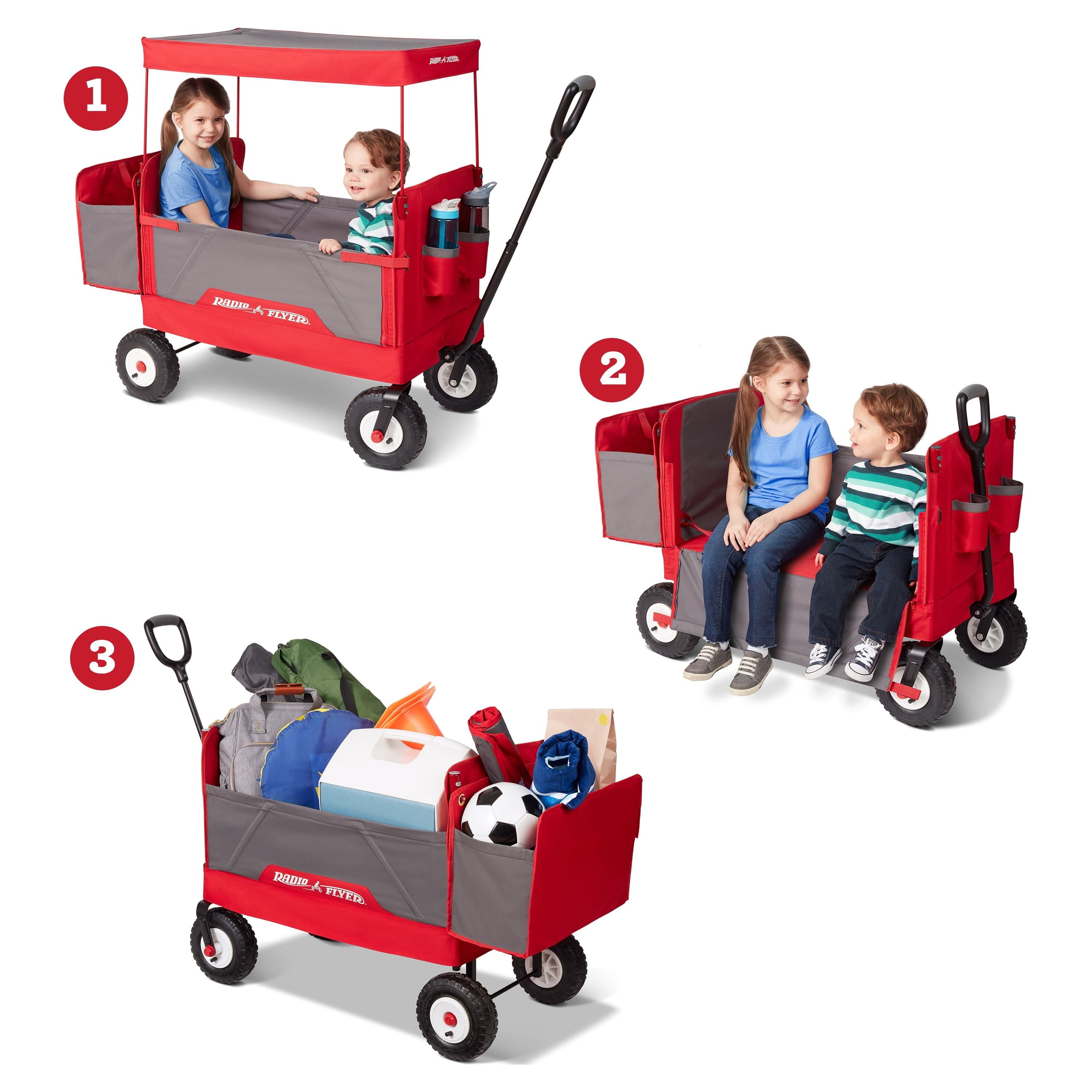 Radio Flyer, 3-in-1 All-Terrain EZ Fold Wagon with Canopy, Red and Gray, Air Tires