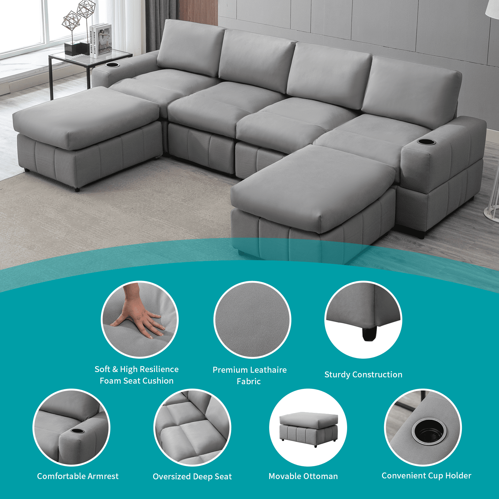 BALUS Modern U/L Shape Faux Leather Sectional Sofa, Modular Tufted Lounge Couch Set with Ottomans, Modern Upholstered Furniture for Living Room, Light Gray