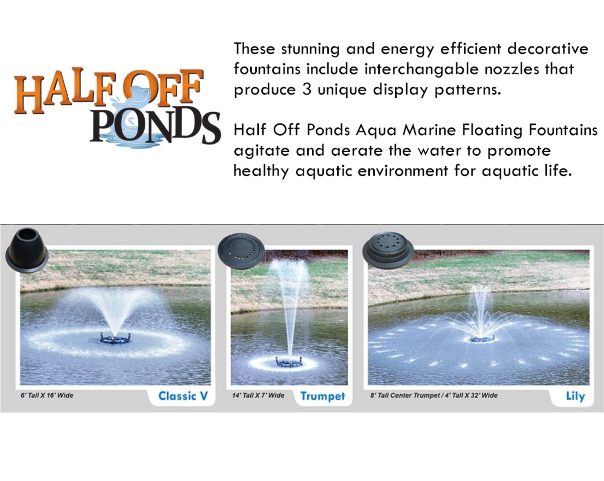 HALF OFF PONDS Aqua Marine Floating Fountain with Large Float, (3) Spray Pattern Nozzles, 1/2 HP with 200' Cord and (3) 6-Watt White Light Kit - AQF150003X3W-200
