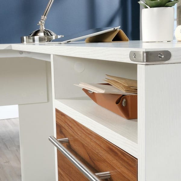 Vista Key 59 in. L-Shaped Pearl Oak with Blaze Acacia Engineered Wood 2-Drawer Desk