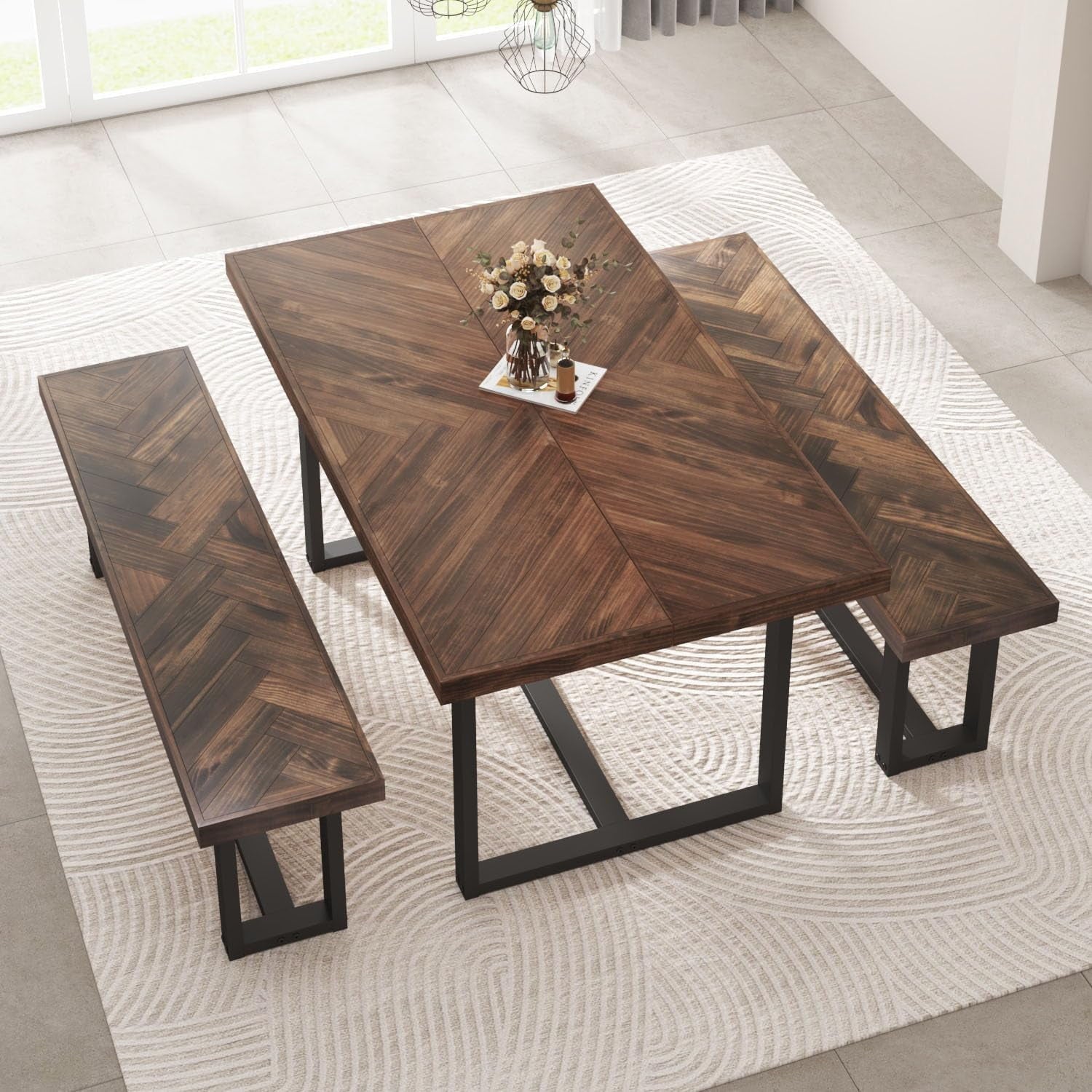 ChVans 60 inch Modern Farmhouse Solid Wood Dining Table for 4 to 6, Rectangular Kitchen and Dining Table with Metal Frame, Rustic Breakfast Table for Living, Dining Room(Brown+Pattern-60 in Dining Table)