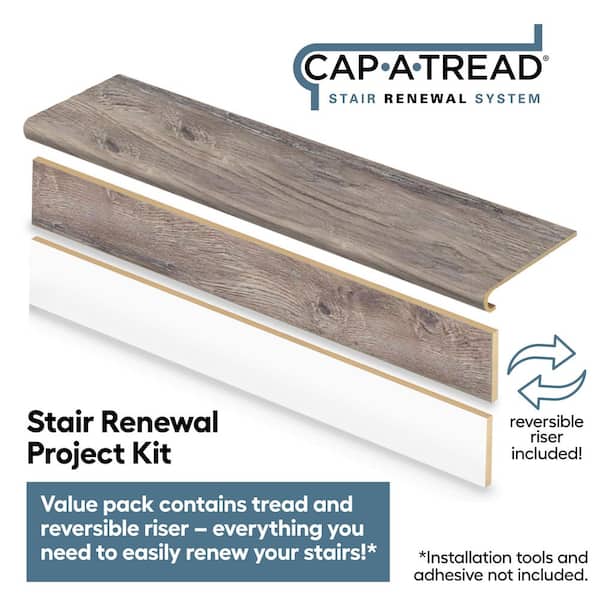 Waveford Gray Oak 47 in. L x 12.15 in. W x 1.69 in. T Laminate Stair Tread and Reversible Riser Kit Adhesive