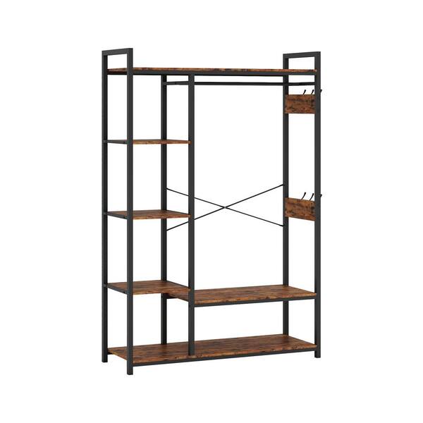 Rustic Brown Entryway Hall Tree Closet Organizer Portable Garment Rack with 6 Shelves, 6 Hooks and Hanging Rod
