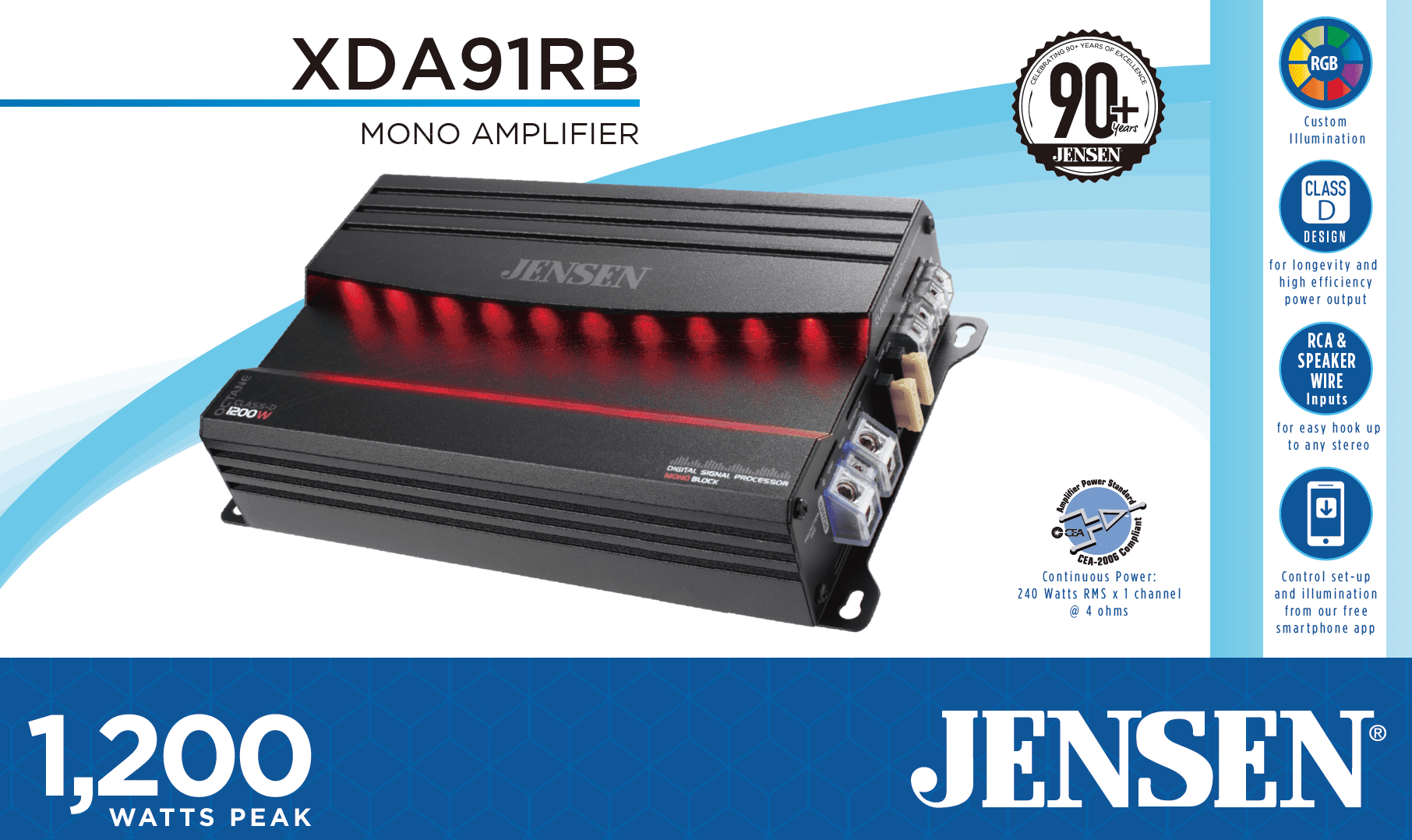 JENSEN XDA91RB Class-D Mono Amplifier with 240 Watts x 1 RMS,1200 Watts Peak Power
