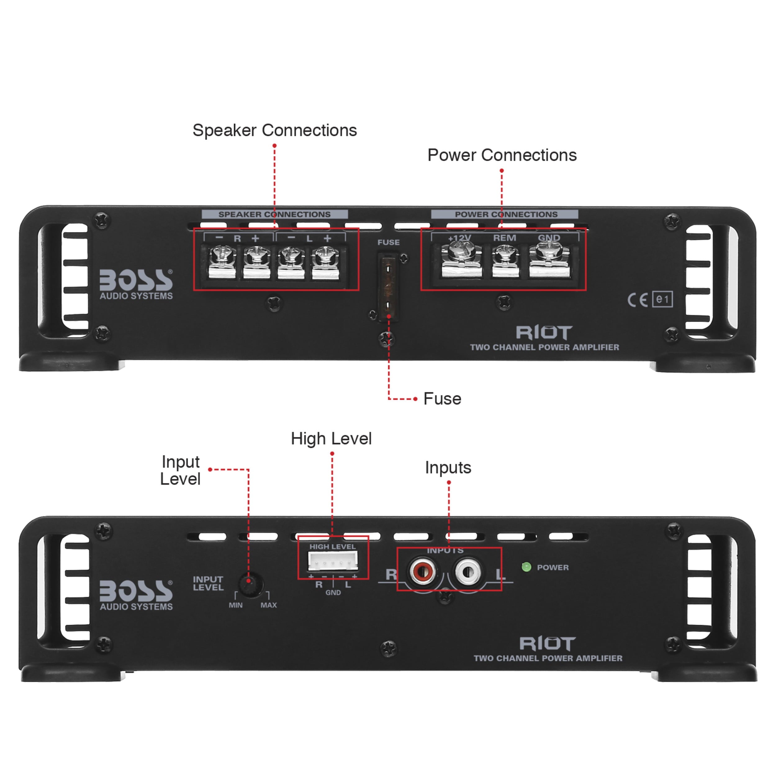 BOSS Audio Systems R1002 Riot Series Car Audio Stereo Amplifier - 200 High Output, 2 Channel, Class A/B, 2/4 Ohm Stable, Low/High Level Inputs, Full Range, Subwoofer