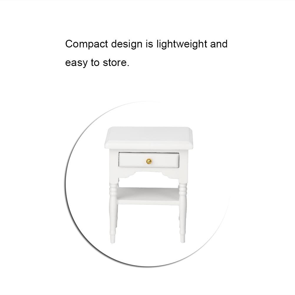 FAGINEY Bedside Table ,1:12 White Mini Bedroom Furnishing Articles Wooden Bedside Table Model,Toy