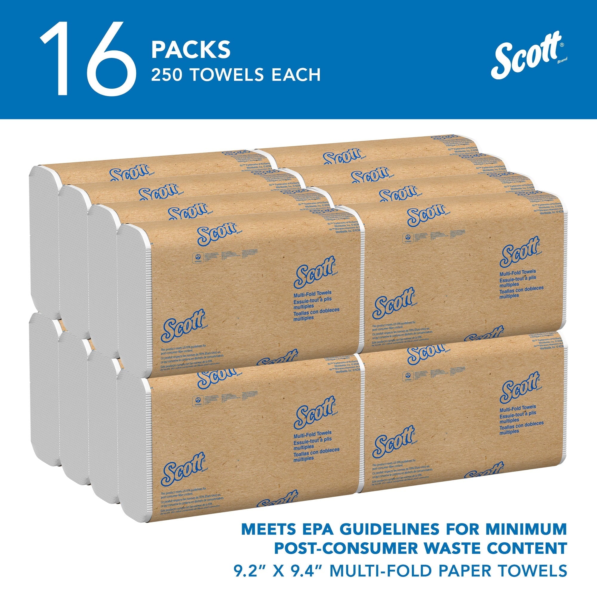 Scott Essential Multi-Fold Towels, 9.2 x 9.4, 250/Pk, 16 Pk/CT