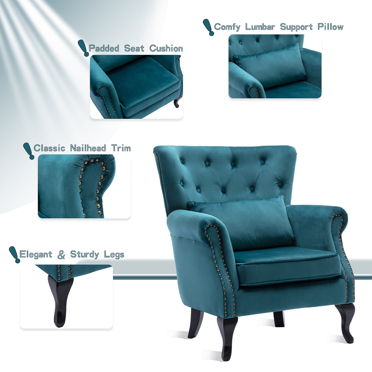 Guyou Mid Century Accent Chair Modern Button Tufted Armchair Wingback Club Chair Velvet Single Sofa Lounge Chair with Pillow for Living Room Bedroom, Teal Blue