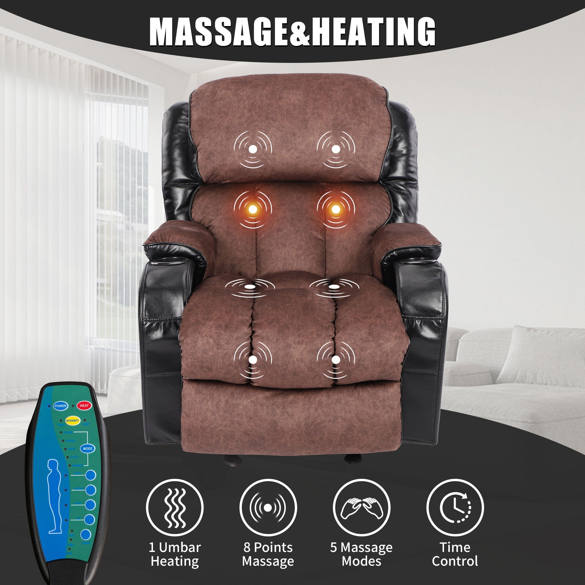 Leather Massage Recliner Chair, Modern Electric Power Rocker with Heated Massage, Ergonomic Lounge Chair, SEGMART Single Sofa Seat with Drink Holders for Living Room, Black and Brown