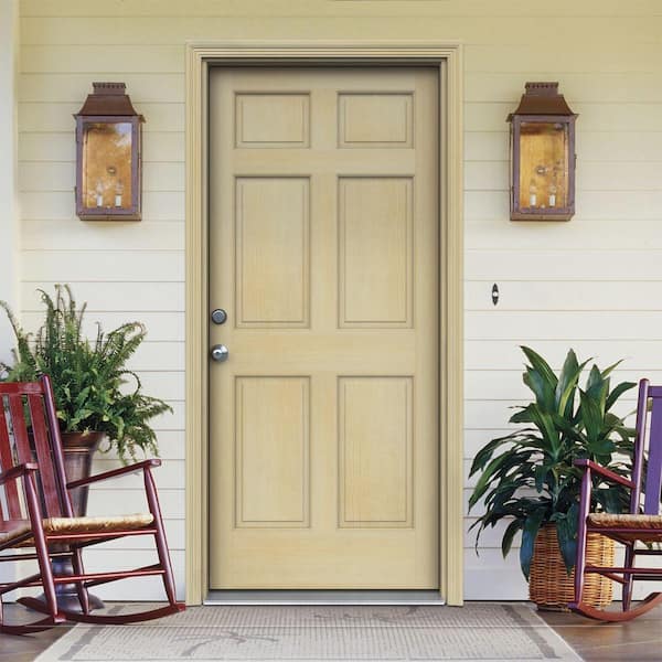 32 in. x 80 in. 6-Panel Unfinished Wood Prehung Right-Hand Inswing Front Door w/Rot Resistant Jamb & Brickmould