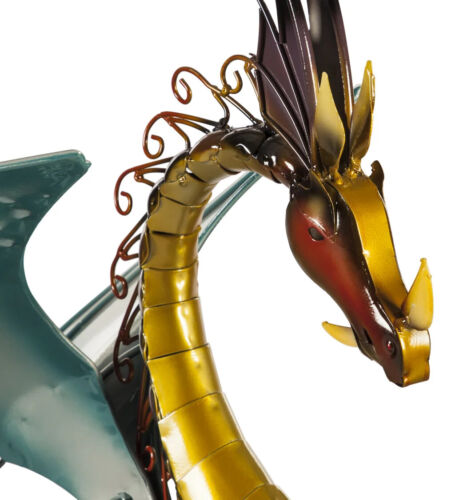 Barrel Garden Patio Metal Dragon Statue with Color Changing Solar Globe Large