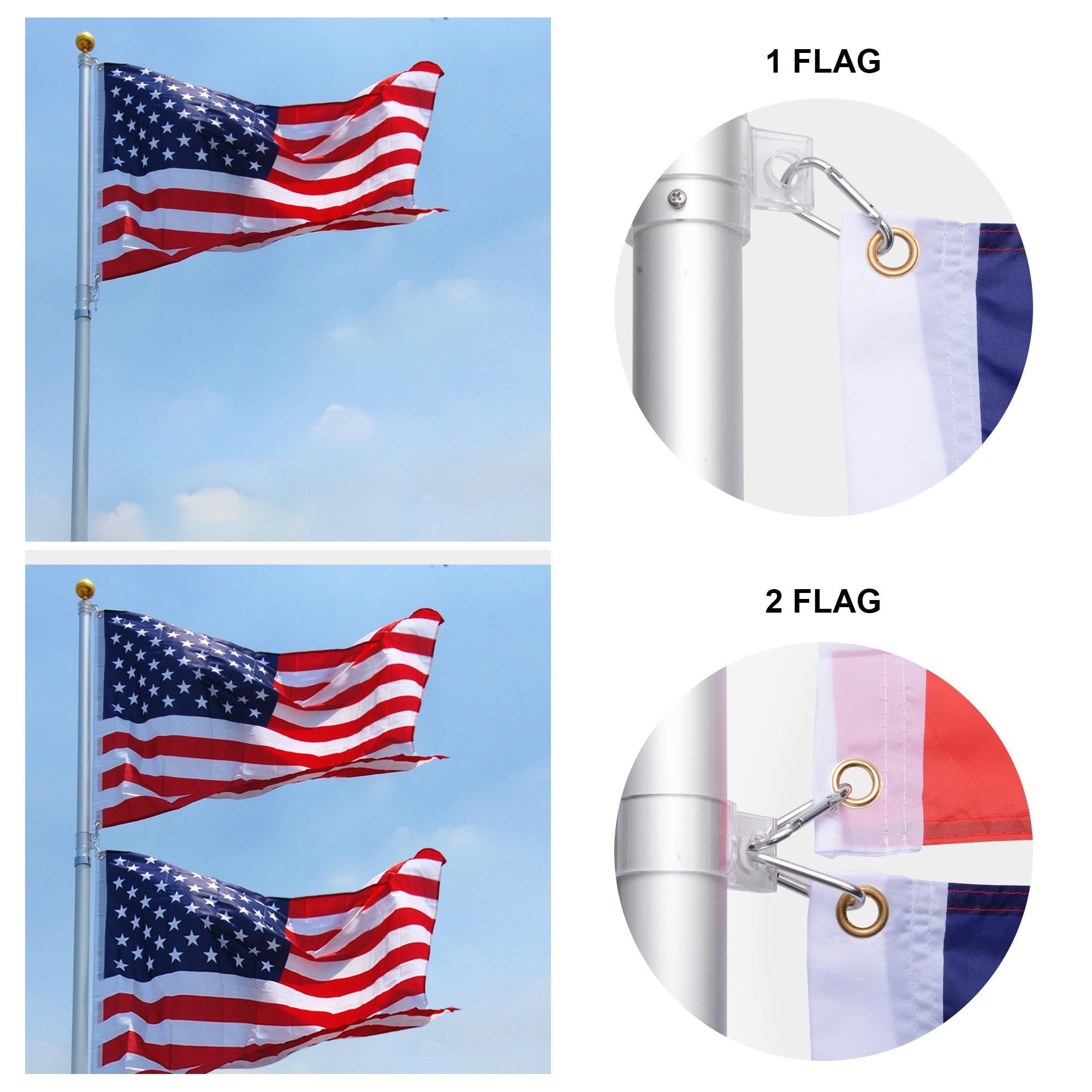 Yescom 20 Ft Telescopic Aluminum Flag Pole Free 3'x5' US Flag & Ball Top Kit 16 Gauge Telescoping Flagpole Fly 2 Flags