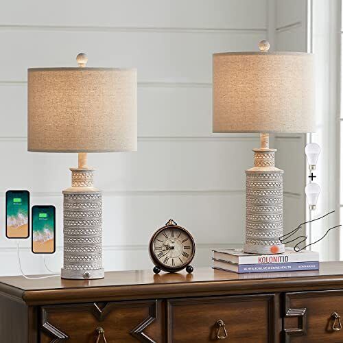 BOBOMOMO 3-Way Dimmable Touch Control Table Lamp Set of 2 with Dual USB Charging