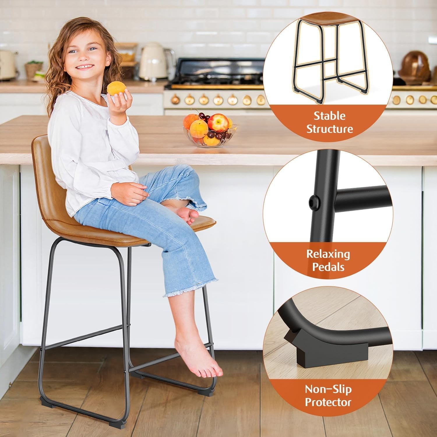 YaFiti Barstools 26'' PU Leather Counter Height Bar Stools Set of 4 with Back Modern Armless Chairs with Footrest and Metal Legs for Kitchen Living Room Pub, Brown