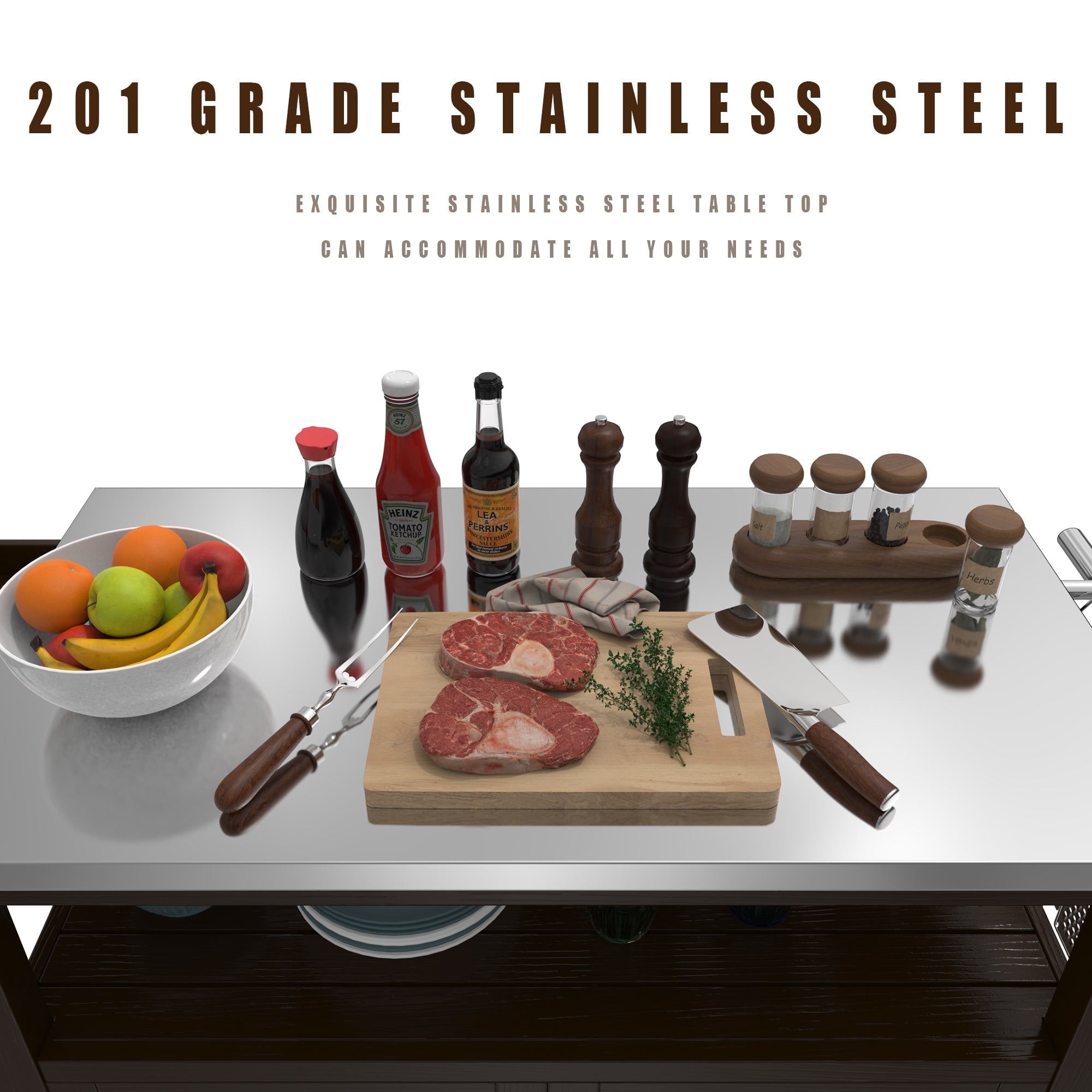 Prep Table Grill Station, Solid Wood Movable Dining Cart Table, Dark Brown