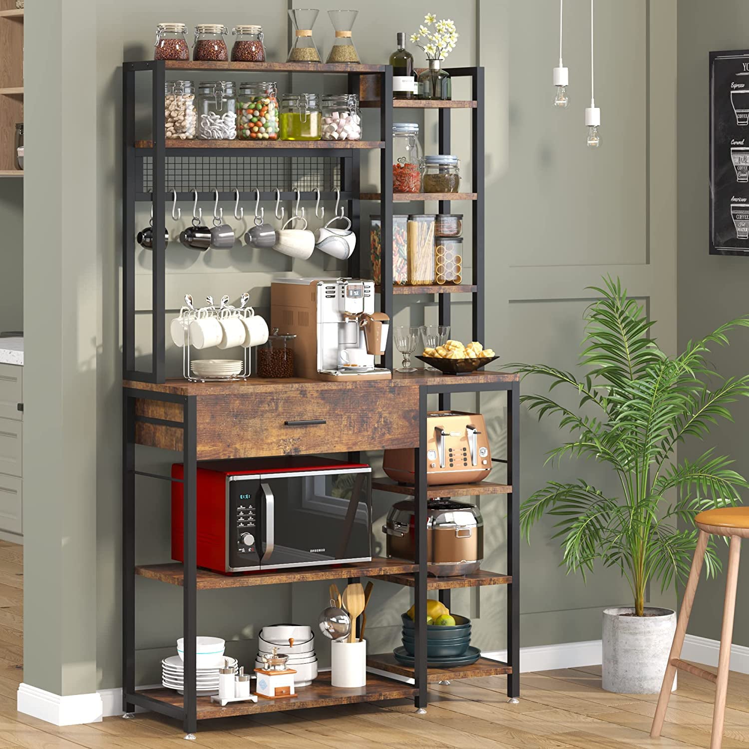 Tribesigns Baker's Rack with Drawer, 70.9 inch Kitchen Storage Shelf with 10 Hooks, Rustic Brown