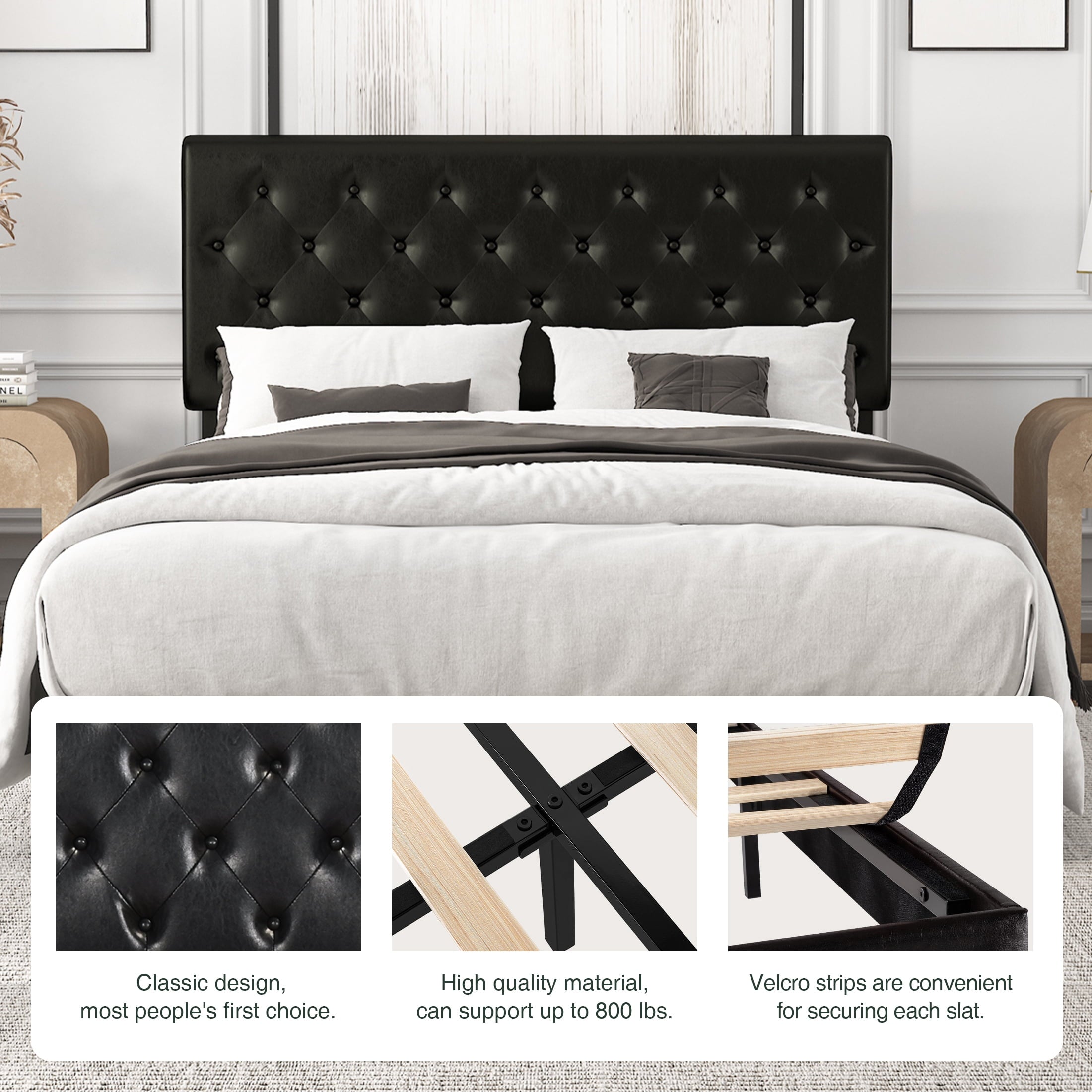 Amolife Queen Bed Frame with Headboard, Diamond Button Tufted Style, Black