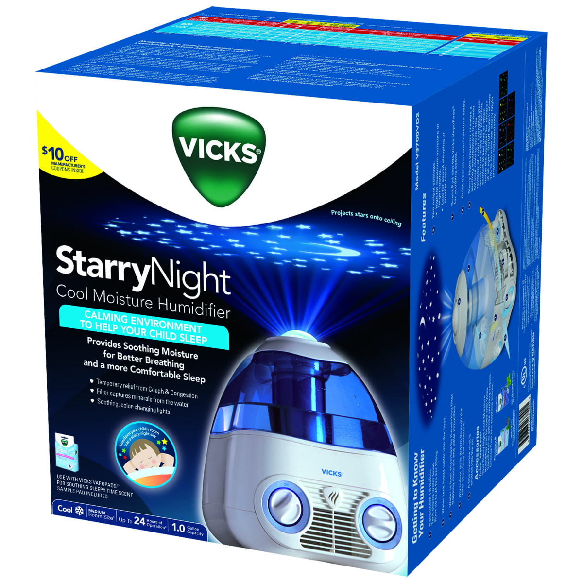 Vicks Starry Night 1 Gallon Cool Mist Humidifier, Blue, V3700