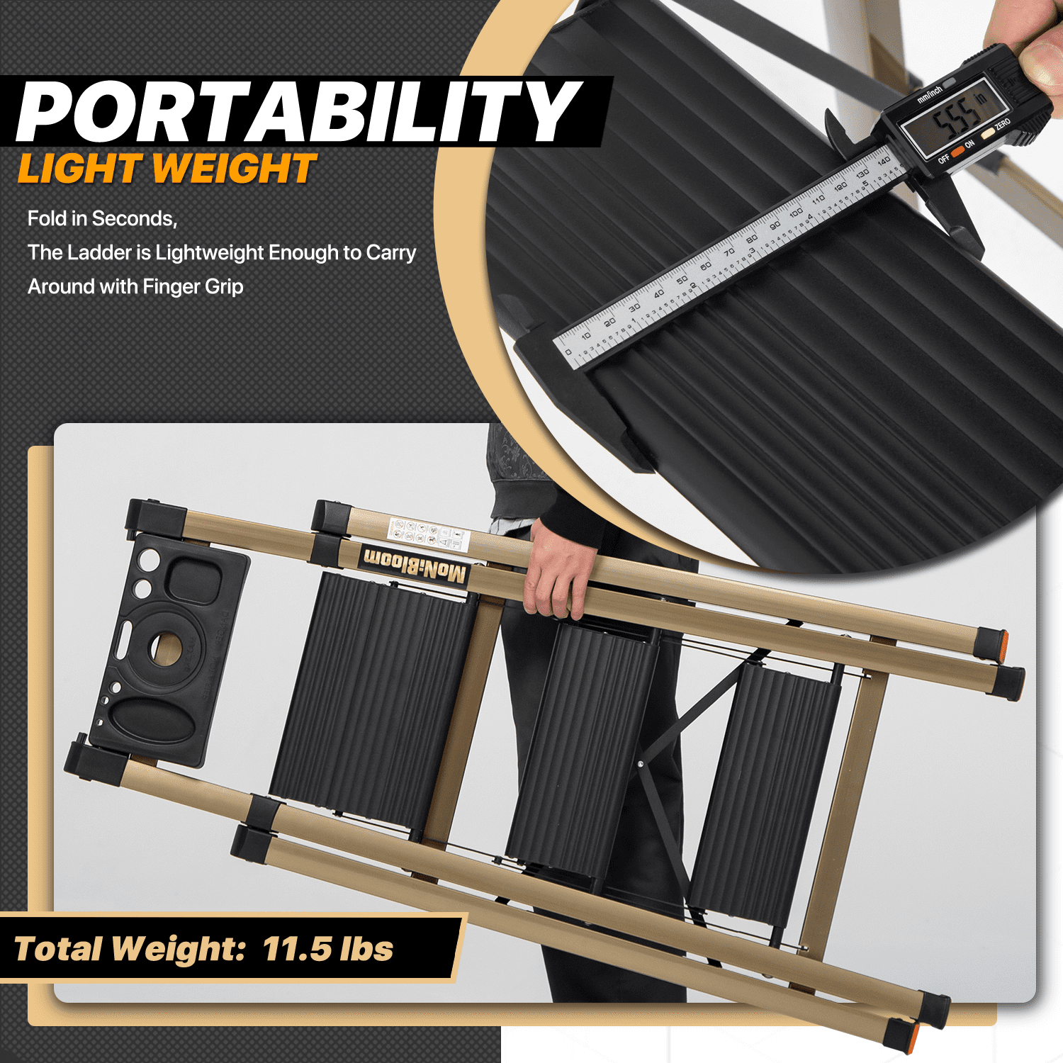 MoNiBloom Aluminum Alloy 3 Step Ladder With Tool Tray, Folding Stool with Wide Pedal for Home Improvement, Black/Gold