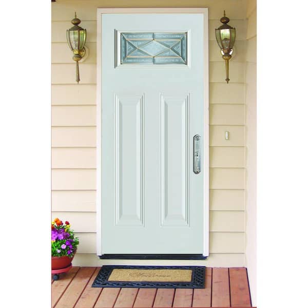 32 in. x 80 in. Art Deco Rectangular Mini Lite 2-Panel Painted White Left-Hand Inswing Steel Prehung Front Door