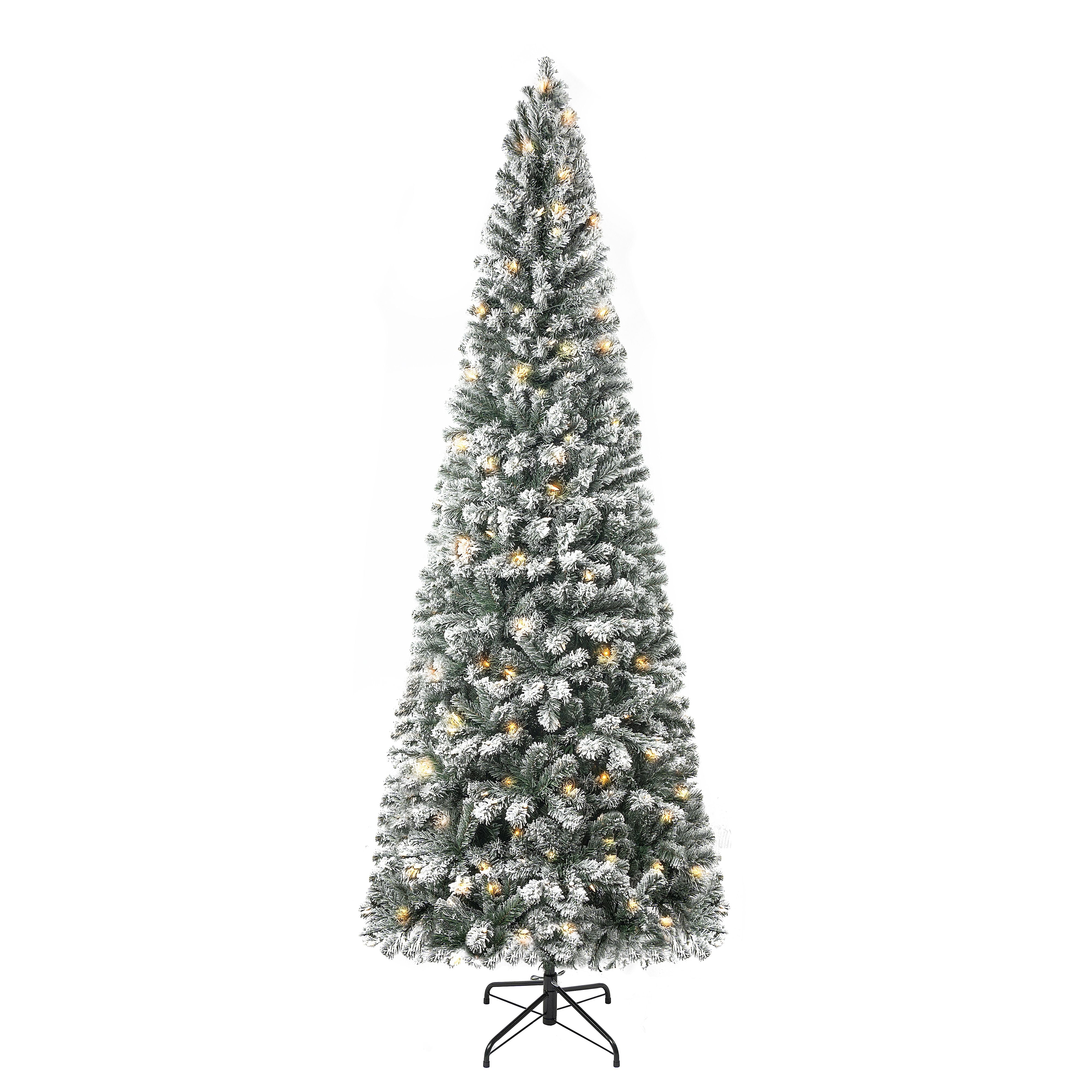 7.5ft Slim Snow Flocked Christmas Tree with Lights, Frosted Skinny Pencil Christmas Tree Prelit with 1102 Branch Tips, 350 Warm Lights and Metal Stand by Homestock