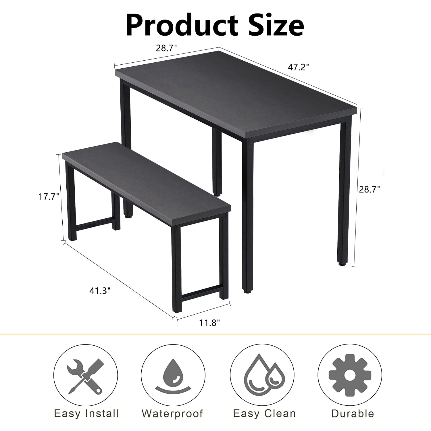 3 Piece Dining Table Set, Modern Wood Table Top Dining Table Set with Bench and Metal Frame, Breakfast Nook Dining Room Set, Dining Set for 4, Kitchen Living Dining Room Furniture, Black