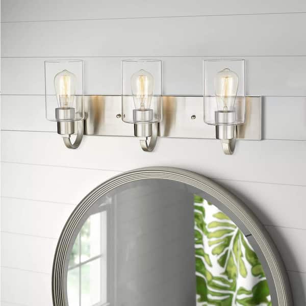 21.9 in. 3-Light Brushed Nickel Vanity Light with Clear Glass Shade Bathroom Light Fixture