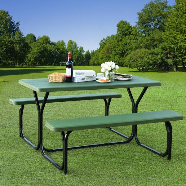 54 in. W x 59 in. D x 28 in. H Green All Weather Steel Frame Outdoor Camping Picnic Table Bench Set, HDPE Surface