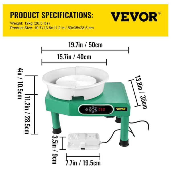 9.8 in. Green LCD Touch Screen Pottery Wheel 350 W Electric DIY Clay Tools with Foot Pedal and Detachable ABS Basin