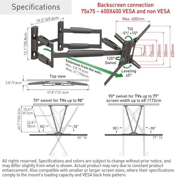 Barkan 13 in. x 90 in. Full Motion 4 Movement Extra Long and Stable Premium Flat/Curved TV Wall Mount Black