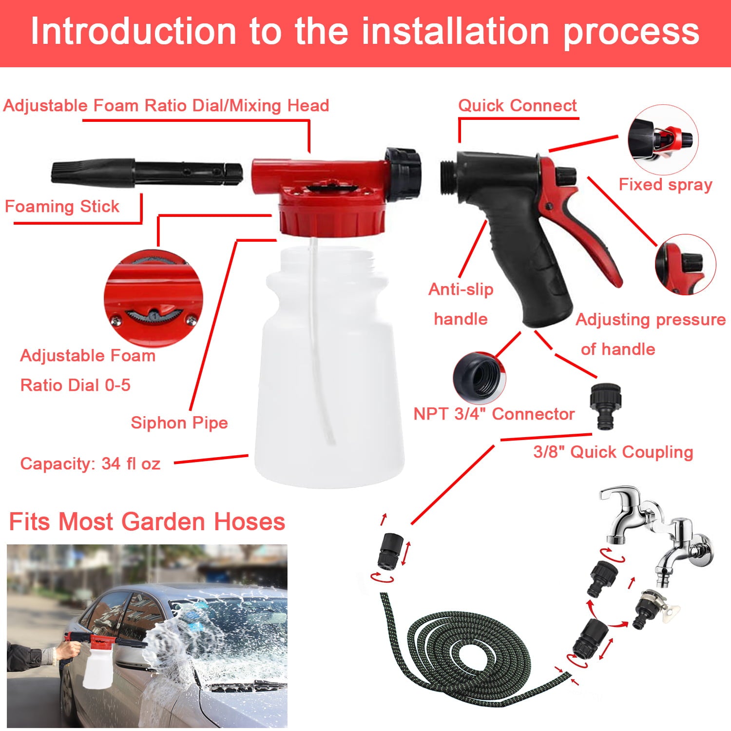 YILAIRIOU Car Wash Kit with Foam Gun - Car Wash Cleaning Kit with Wash Microfiber Sponge and Towels Tire Brush Collapsible Bucket Wash, Sprayers for Car Cleaning Gardens and Pets