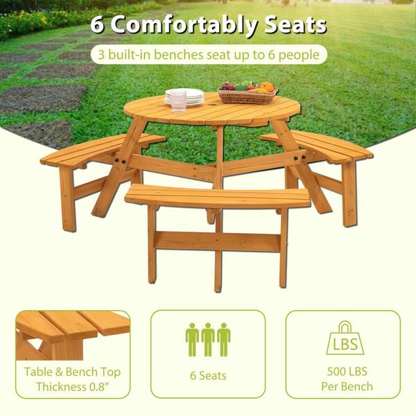 35 in. Brown Round Circular Solid Wood Picnic Table Seats 6-People with Umbrella Hole