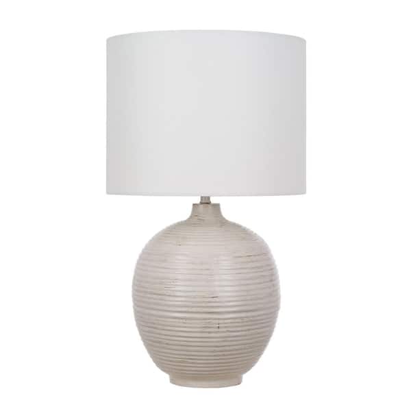 Finch 22 in. Distressed White Ribbed Table Lamp with White Linen Shade