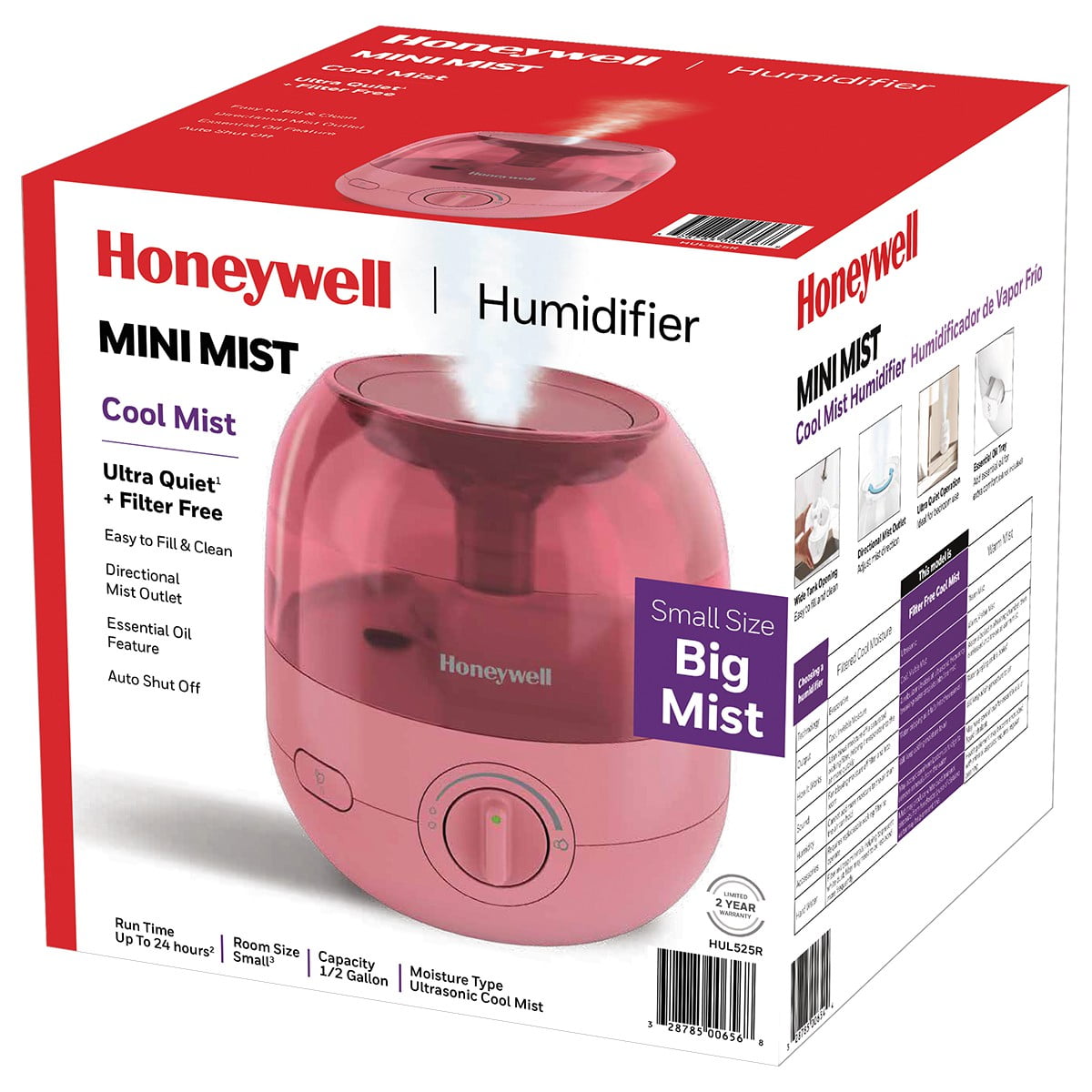 Honeywell Mini Cool Mist Humidifier, 200 sq. ft, Red, HUL525R