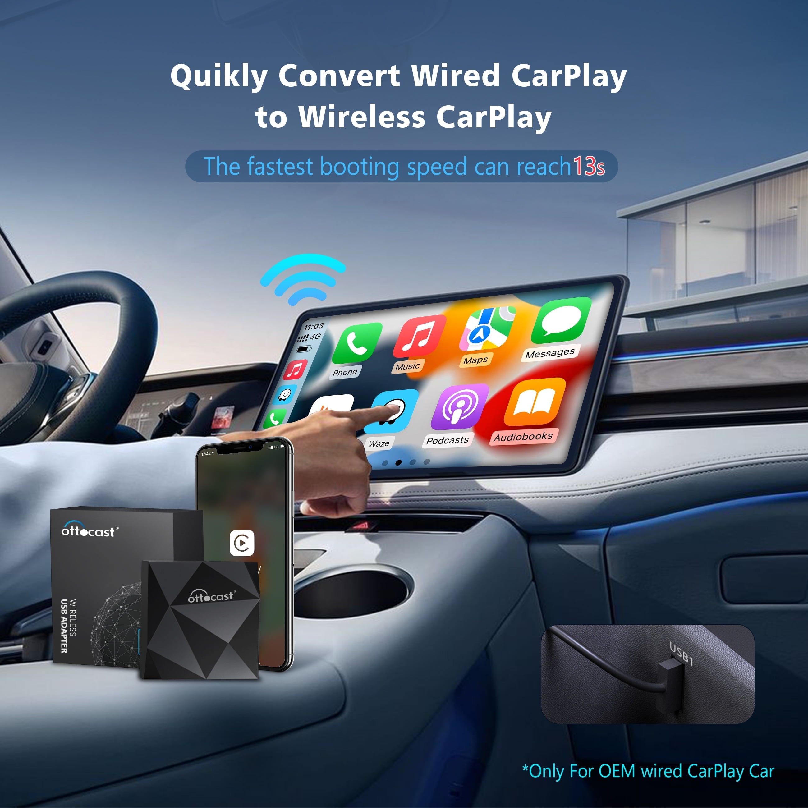 OTTOCAST Wireless CarPlay Adapter 2023 Speed Fastest Apple Wireless CarPlay Dongle 5Ghz WiFi Auto Connect No Delay Online Update, U2-AIR for OEM Wired CarPlay Cars Model Year After 2016