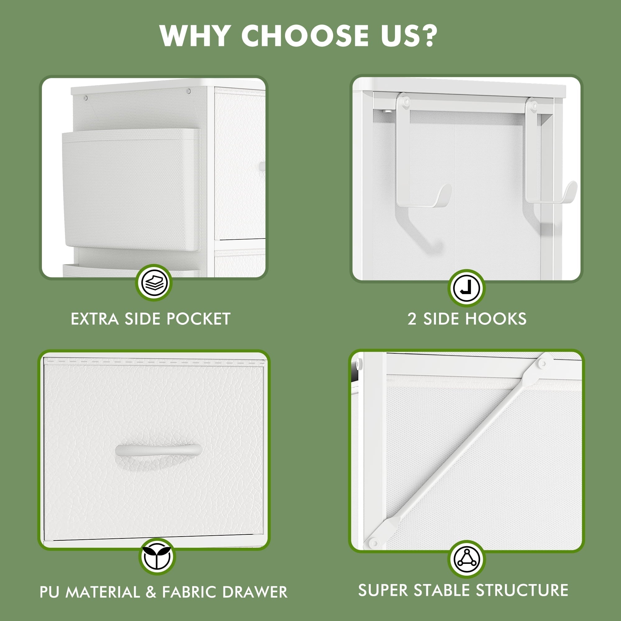 GIKPAL 10 Drawer Dresser, White Dresser Chest of Drawers Dressers for Bedroom Modern PU&Fabric Dresser Tall Dresser with Side Pockets and Hooks, White