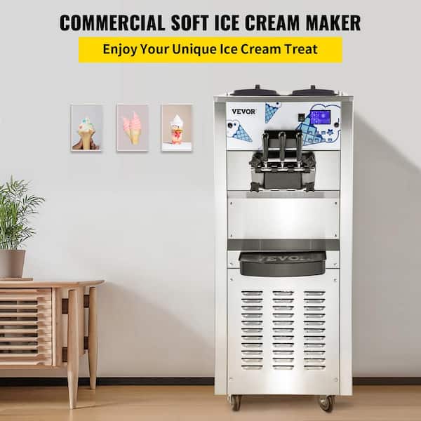 Commercial Ice Cream Maker 10.6 Gal. per Hour LCD Panel Soft Serve Machine 3 Flavors with Two 12 L Hoppers, 2500 W